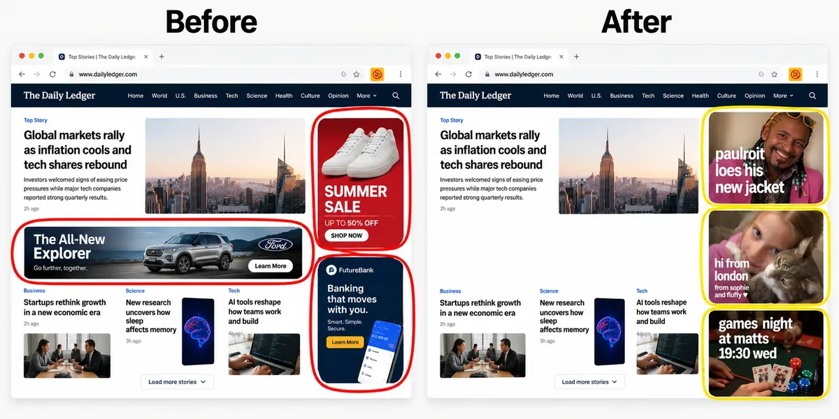 Before and after: the same news page with car, shoe and bank ads, then with friends' posts in their place: a new jacket, hi from london, games night at matts 19:30 wed
