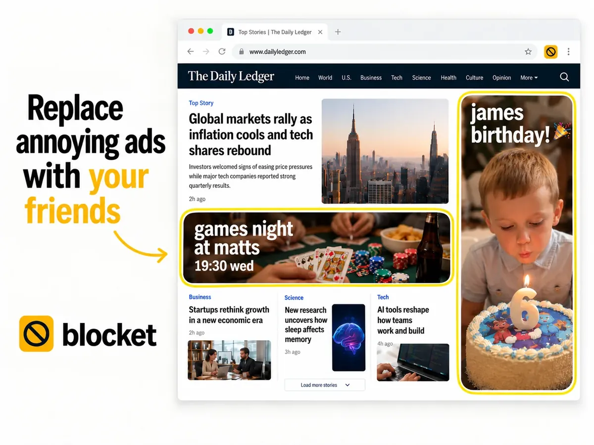 Replace annoying ads with your friends: a news site showing games night at matts 19:30 wed and james birthday! where the ads were