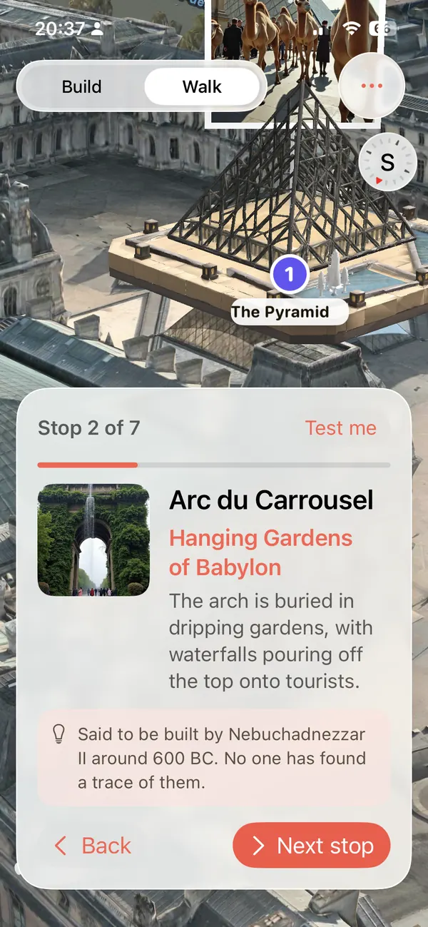 Walk mode at the Louvre: stop 2 of 7, the Arc du Carrousel becomes the Hanging Gardens of Babylon