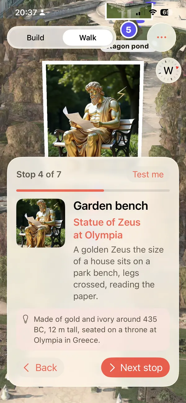 Stop 4 of 7: a golden Zeus the size of a house reads the paper on a garden bench