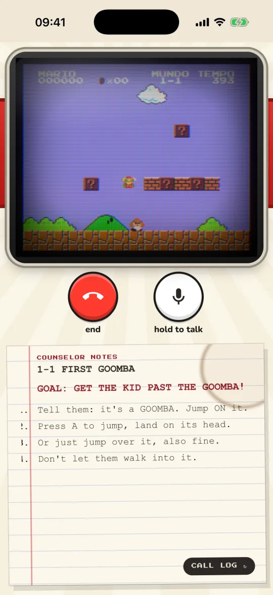 A caller playing Super Mario Bros. on the TV while you talk them through it