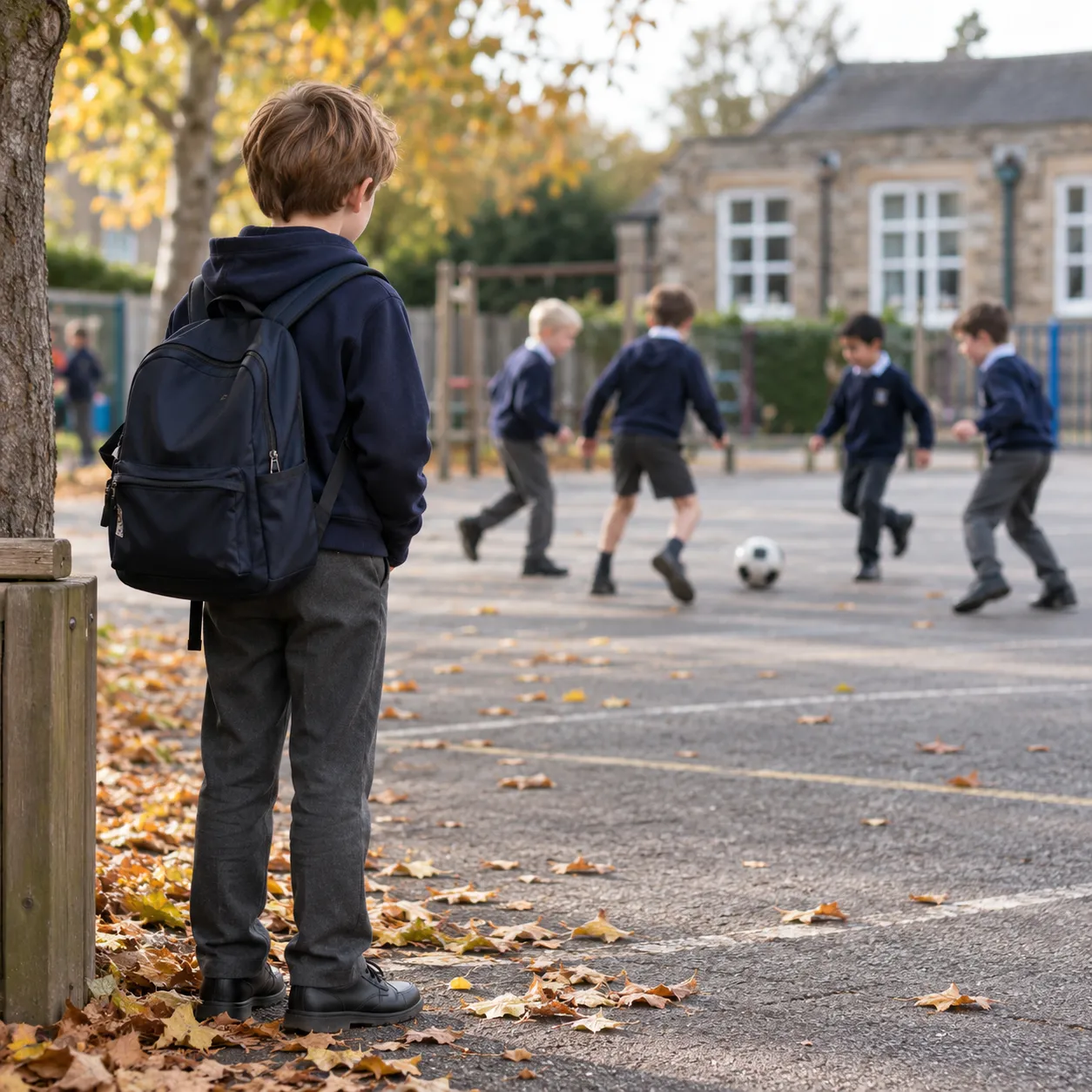 A boy with a backpack stands by a tree at the edge of a school playground, watching a group of children play football.