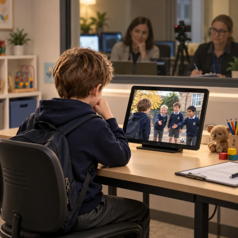 The same boy sits at a desk watching a tablet video of a child being welcomed into a playground game, while two researchers observe.