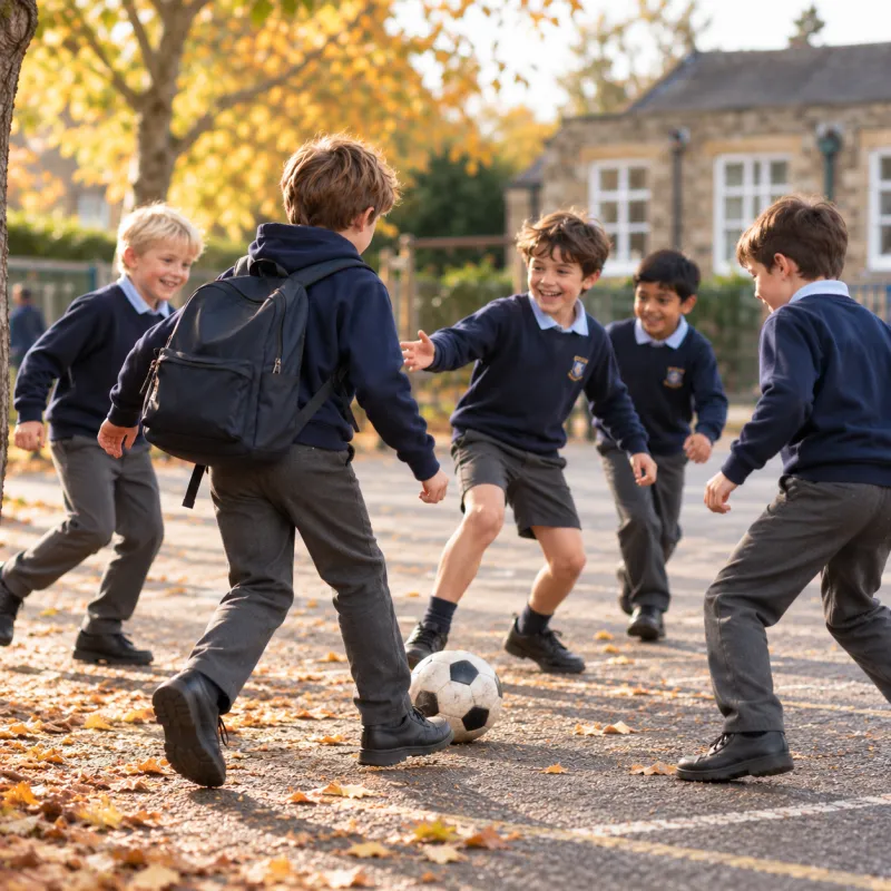 Back in the playground, the boy joins the football game and the other children welcome him in.