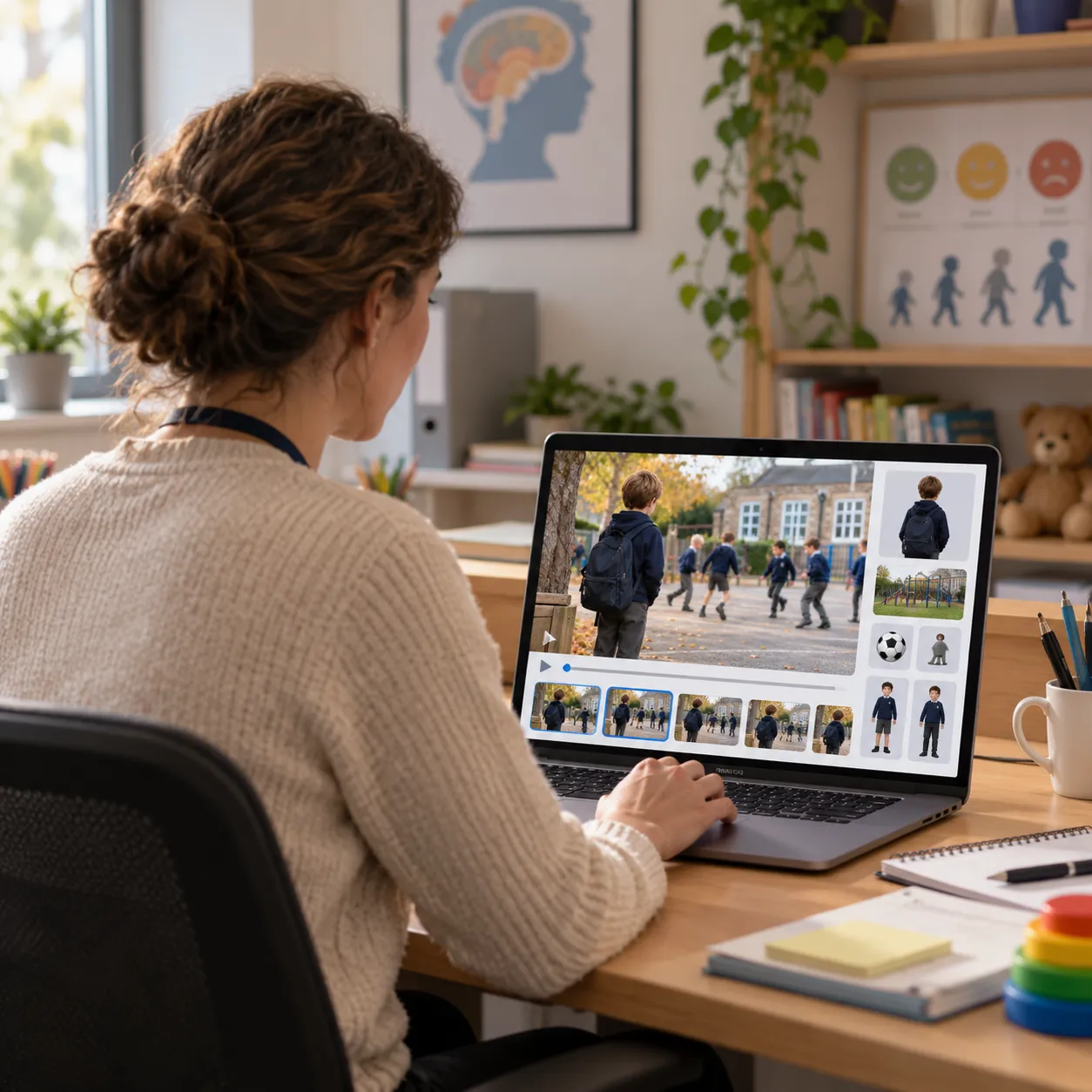 A psychologist at a laptop edits a playground video scenario, choosing the child, setting and activity from simple panels.