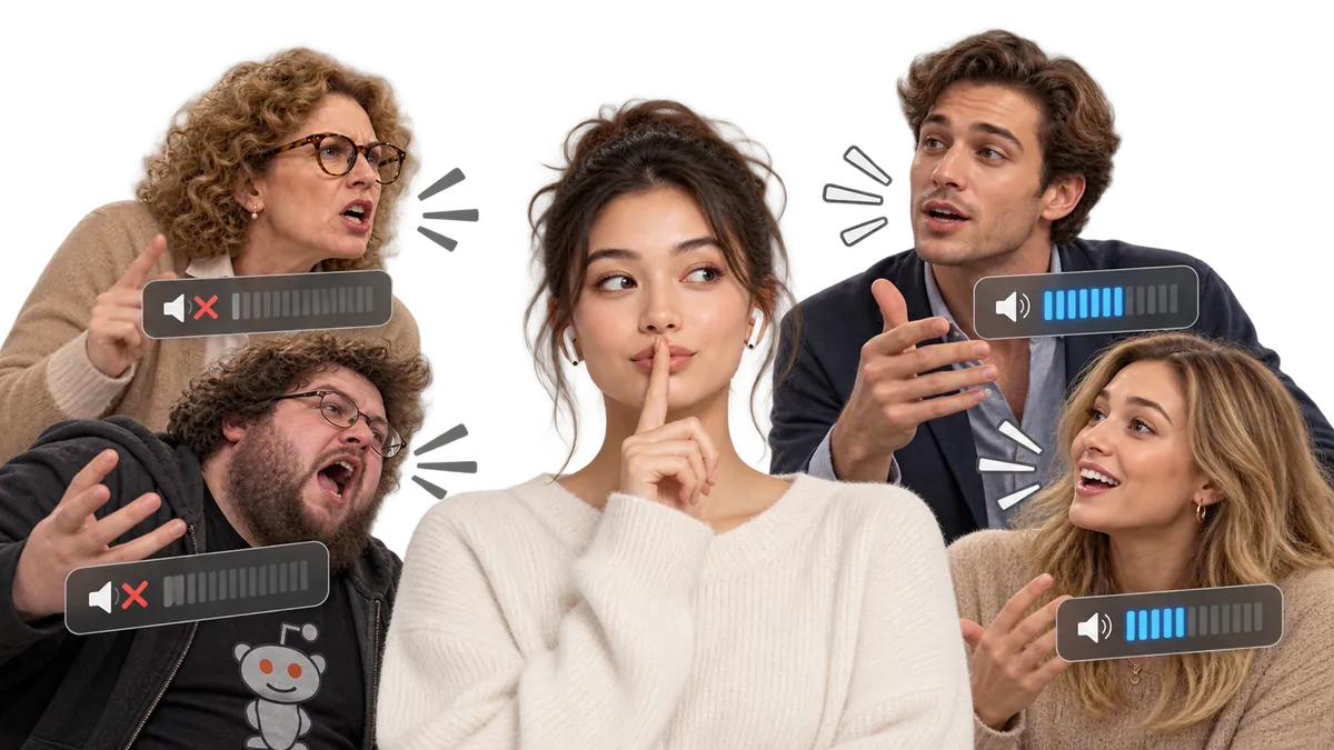 A woman in AirPods shushing while four people talk at her; two of them have their volume muted, two are turned up